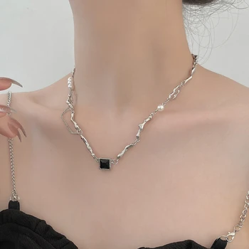 2023 Kpop Ожерелье с жемчугом в стиле барокко и цирконием для женщин, подвеска, ожерелье из черного и белого камня, колье, ожерелье из нержавеющей стали, ювелирные изделия