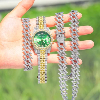 2023 Новая Мода 16 мм Хип-Хоп Кубинская Цепочка Набор Ожерелье + Часы + Браслет Iced Out Bling Кристалл Для Мужчин Женщин Шарм Набор Часов