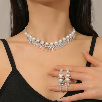 FYUAN, новый стиль, геометрическое ожерелье из горного хрусталя, серьги для женщин, жемчужное ожерелье, свадебные комплекты украшений для невесты, аксессуары