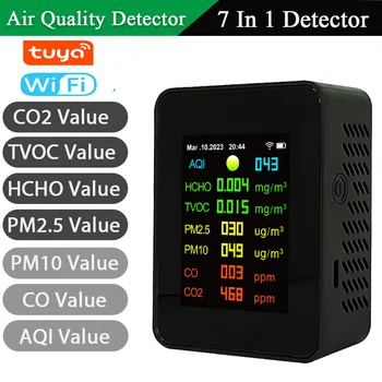 Tuya Wifi CO2 Метр Измеритель качества воздуха 7в1 PM2.5 PM10 CO CO2 TVOC HCHO AQI Тестер TFT Цветной Экран Детектор Углекислого газа