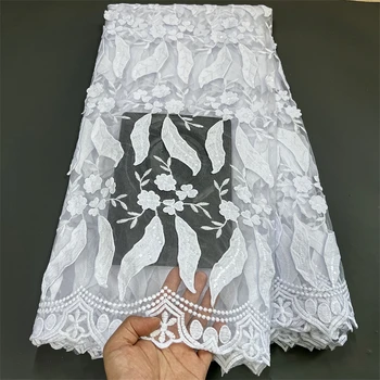 Африканские кружевные ткани, высококачественная вышивка 2023 года, вечерние платья для женщин, тюль, Шитье, Белая Нигерийская сетчатая ткань, 5 ярдов
