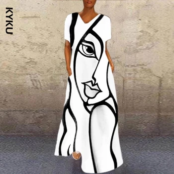 Винтажное длинное вечернее платье с абстрактным рисунком для девочек, Женские элегантные платья трапециевидной формы с V-образным вырезом, Летнее платье Макси с коротким рукавом и карманом