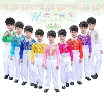 Детская джазовая танцевальная одежда для выступлений на сцене, костюмы с пайетками для мальчиков, школьный комплект для соревнований DWY2057