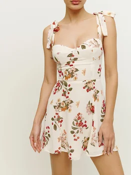 Женские платья 2023, милое маленькое летнее платье в пляжном стиле с веселым цветочным принтом для отпуска, мини-платье с завязками на шее в виде сердечка
