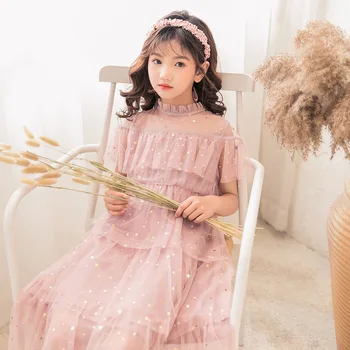 Новое модное платье с пайетками для маленьких девочек, корейские детские элегантные кружевные вечерние платья принцессы, летняя подростковая одежда от 4 до 12 лет