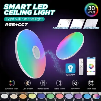 Новый RGB Красочный светодиодный круглый потолочный светильник Smart APP с регулируемой яркостью, трехзащитный светильник с динамиком для спальни, кухни, гостиной, вечеринки