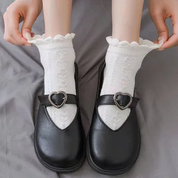 Носки с рюшами JK Lolita Sweet Girls, Однотонные, черно-белые, короткие Носки, Женские Хлопковые Дышащие Японские Кавайные Милые носки до щиколотки