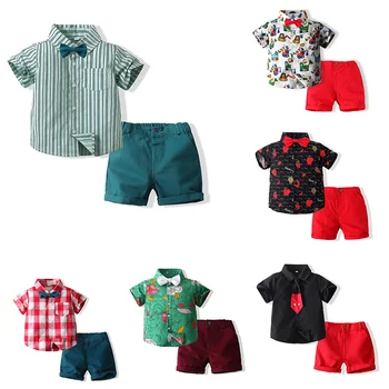 Оптовая продажа детской одежды, Официальный костюм для мальчика, рубашка в полоску с коротким рукавом + брюки на подтяжках, комплект одежды для джентльмена, комплекты из 2 предметов на 2-6 лет