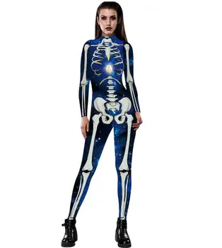 Страшный костюм со скелетом на Хэллоуин для взрослых женщин, Карнавальный костюм ужасов, комбинезон с длинными рукавами, боди для девочек-леди