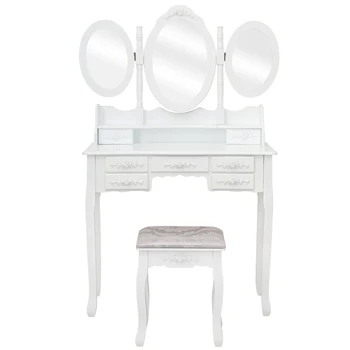 Туалетный столик с табуреткой, Семь ящиков, Трехстворчатое зеркало, МДФ, аэрозольная краска, мебель для спальни, Белое украшение для дома
