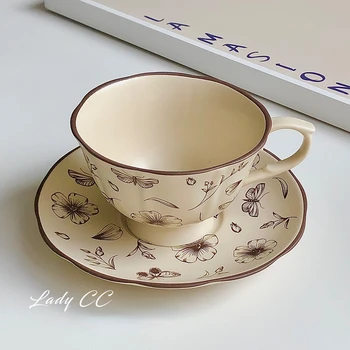 Французская винтажная керамическая кофейная чашка и тарелка со сломанным цветком, чашка для латте теплого цвета, матовая керамическая чашка с цветком